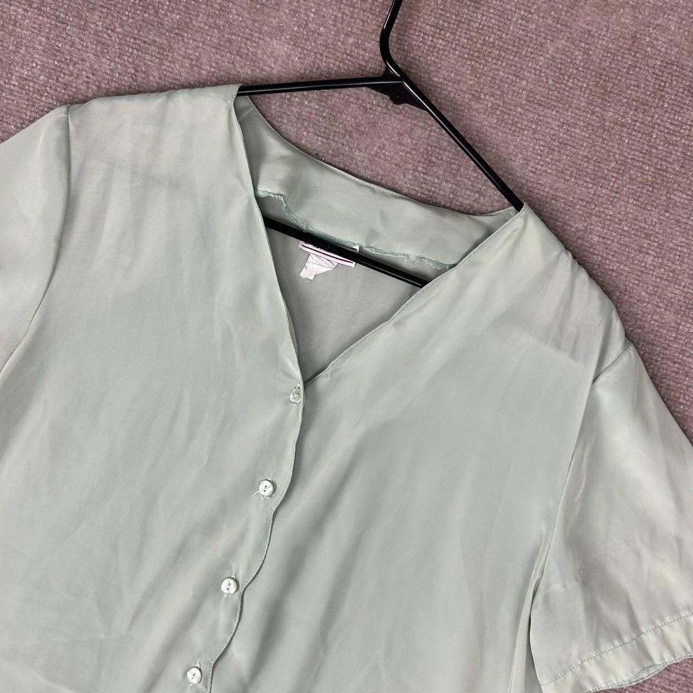 Vintage Lauren Lee Blouse Womens 14 Sage Silk Scalloped Edge V-Neck Button Up